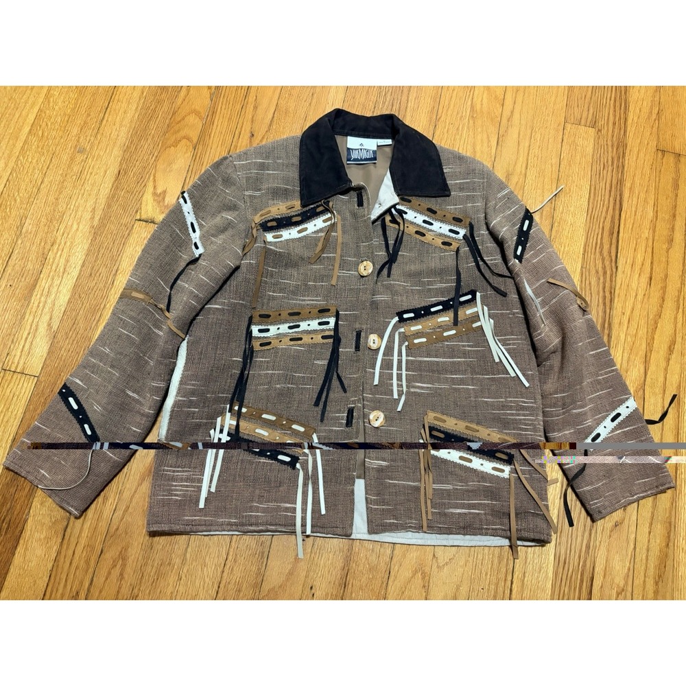Vintage Yak Magik Jacket Womens Medium Button Up Patchwork Tassel Black Brown